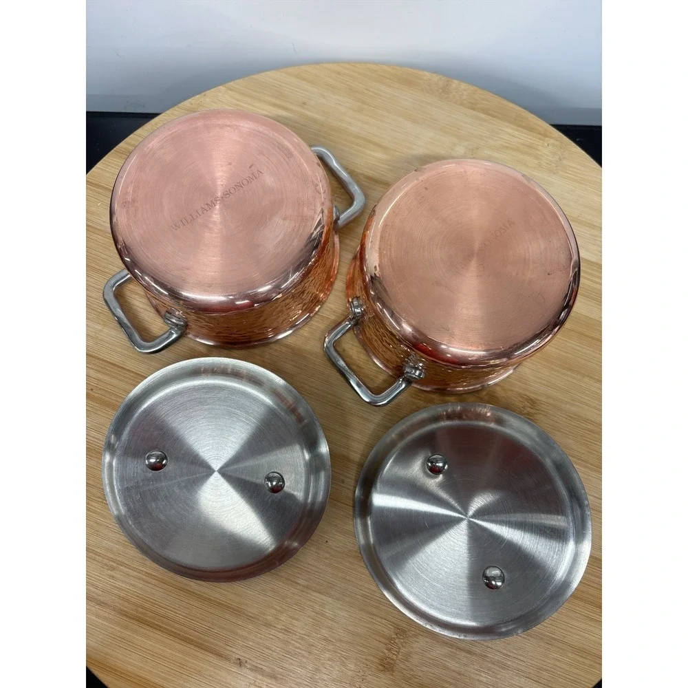 Williams Sonoma Mini Copper Pot Cocottes Set of 2 Hammered Style 0.5 QT.